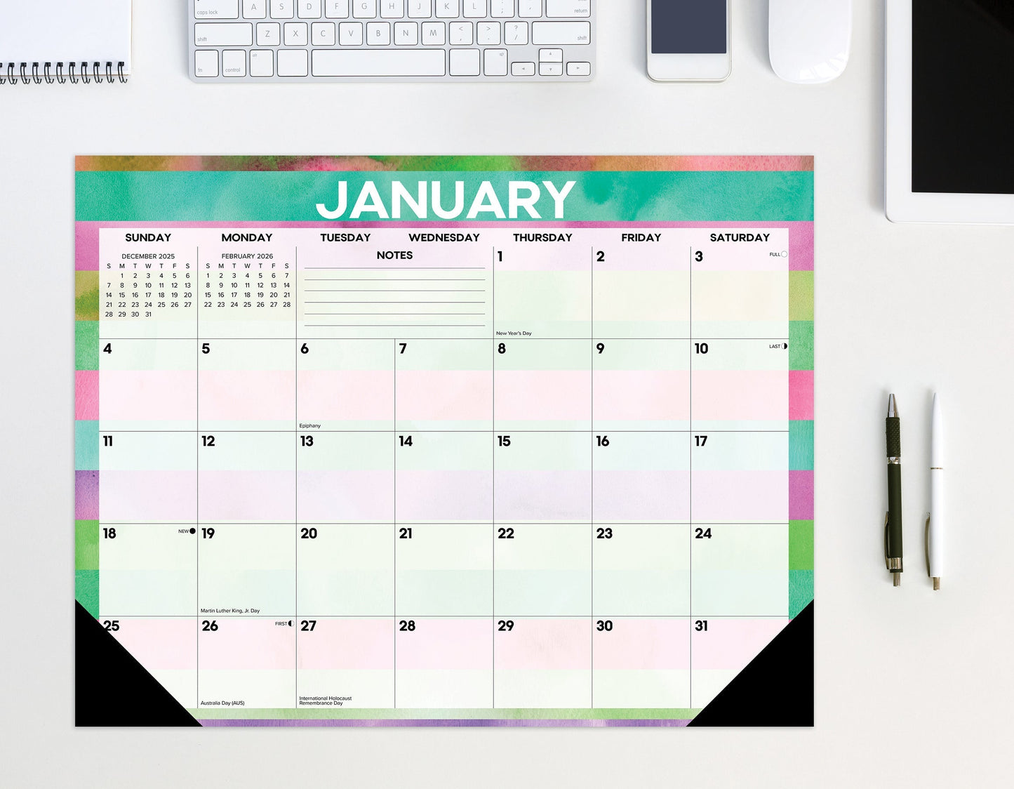 Watercolor Stripes 2026 22" x 17" Large Monthly Desk Pad