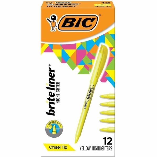 BIC Brite Liner Highlighters, Chisel Tip, Yellow, Box Of 12