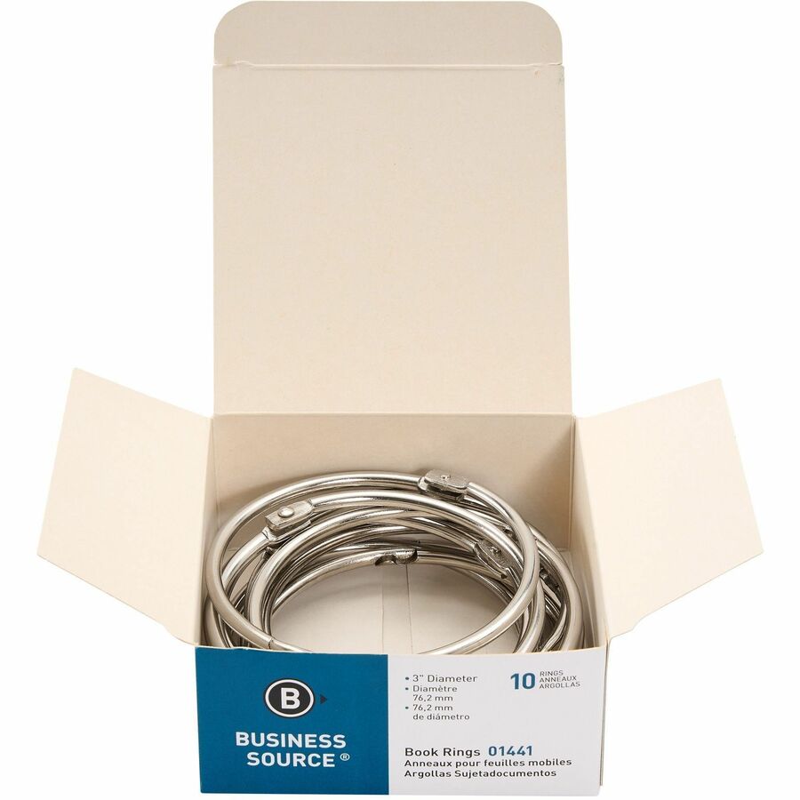 Business Source Standard Book Rings - 3" Diameter - Silver - Nickel Plated - 10 / Box