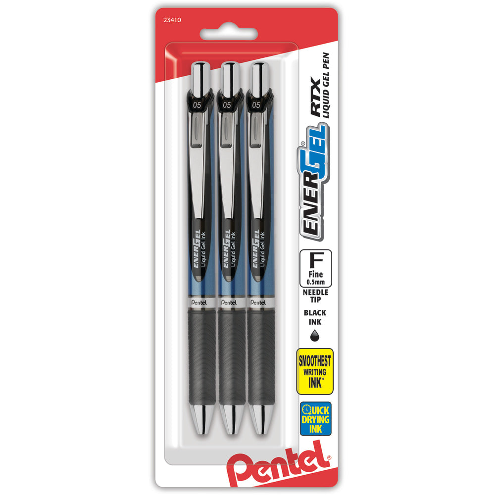 Pentel EnerGel Deluxe RTX Retractable Pens, Needle Point, 0.5 mm, Assorted Barrels, Black Ink, Pack Of 3