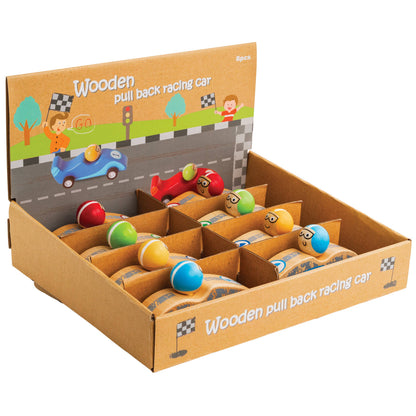 Wooden Pull Back Race Car 8-Unit Display