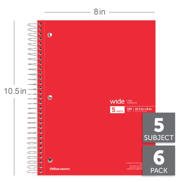 Wirebound Notebooks, 8" x 10-1/2", 5 Subjects, Wide Ruled, 180 Sheets, Assorted Colors, Pack Of 6 Notebooks