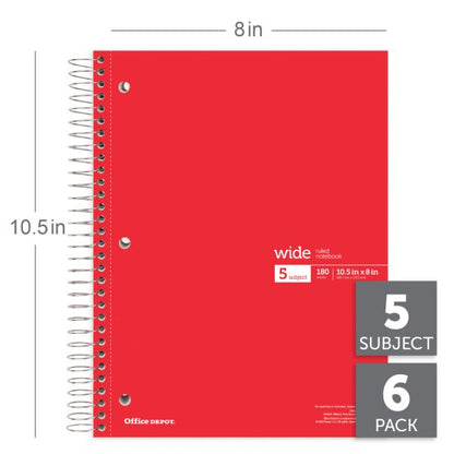Wirebound Notebooks, 8" x 10-1/2", 5 Subjects, Wide Ruled, 180 Sheets, Assorted Colors, Pack Of 6 Notebooks