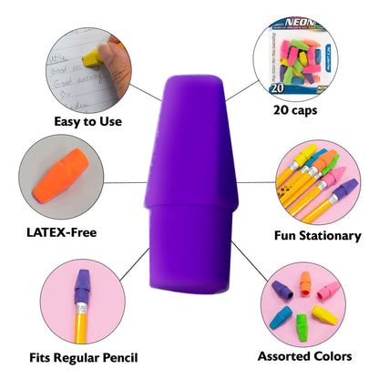 Neon Pencil-Top Eraser Caps, Latex-Free, PVC-Free