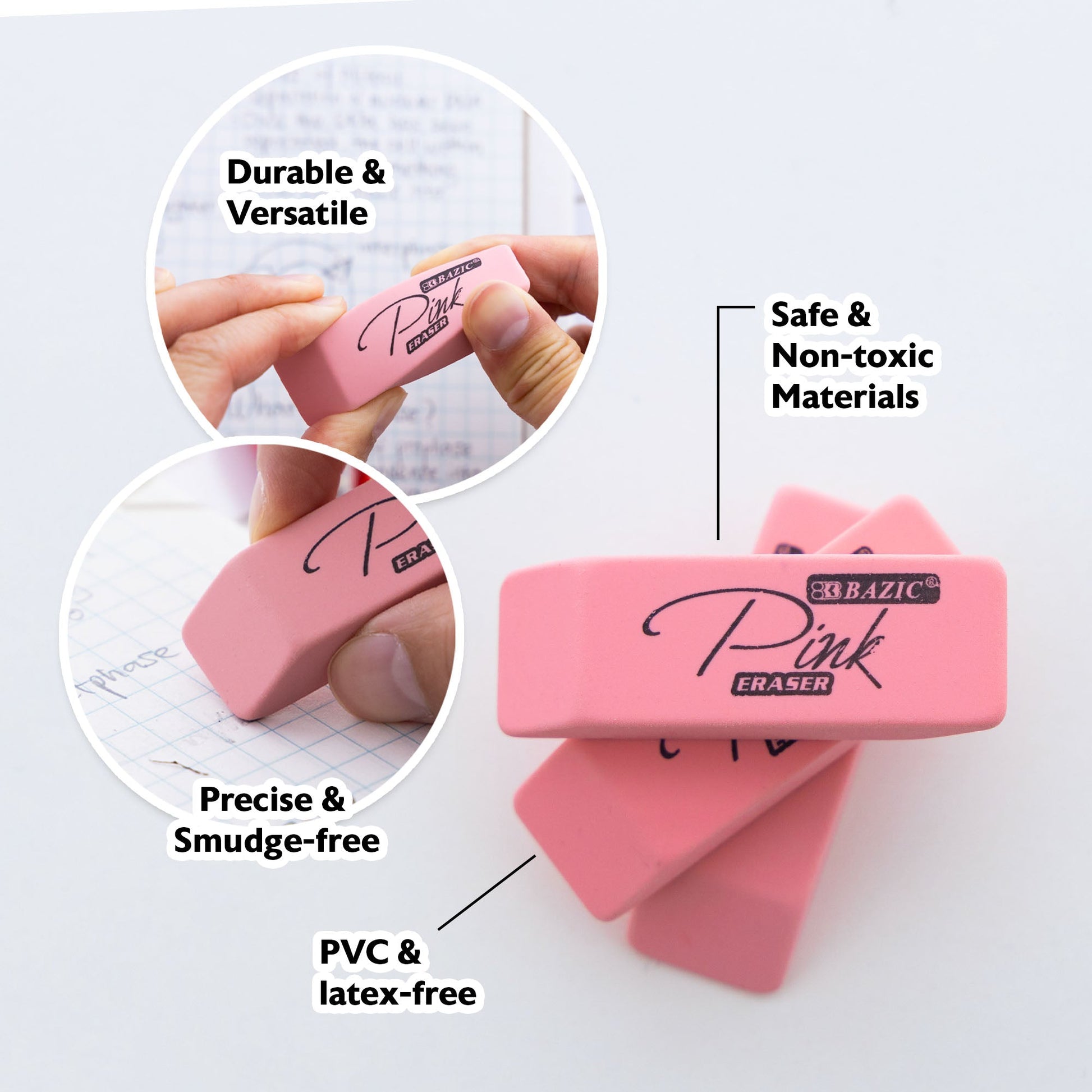Pink Bevel Block Erasers, Latex-Free, PVC-Free