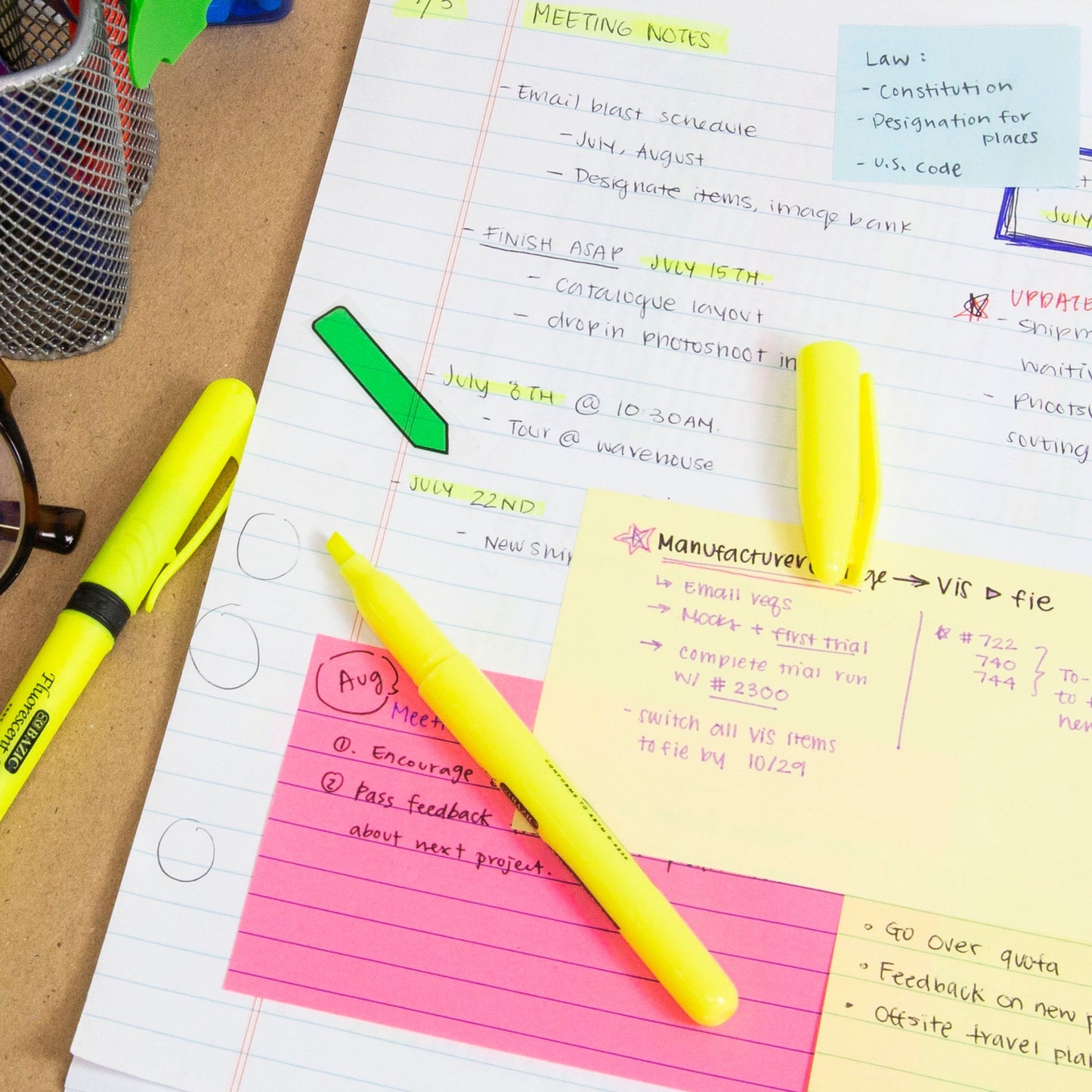 Yellow Pen Style Fluorescent Highlighters w/ Pocket Clip (5/Pack)