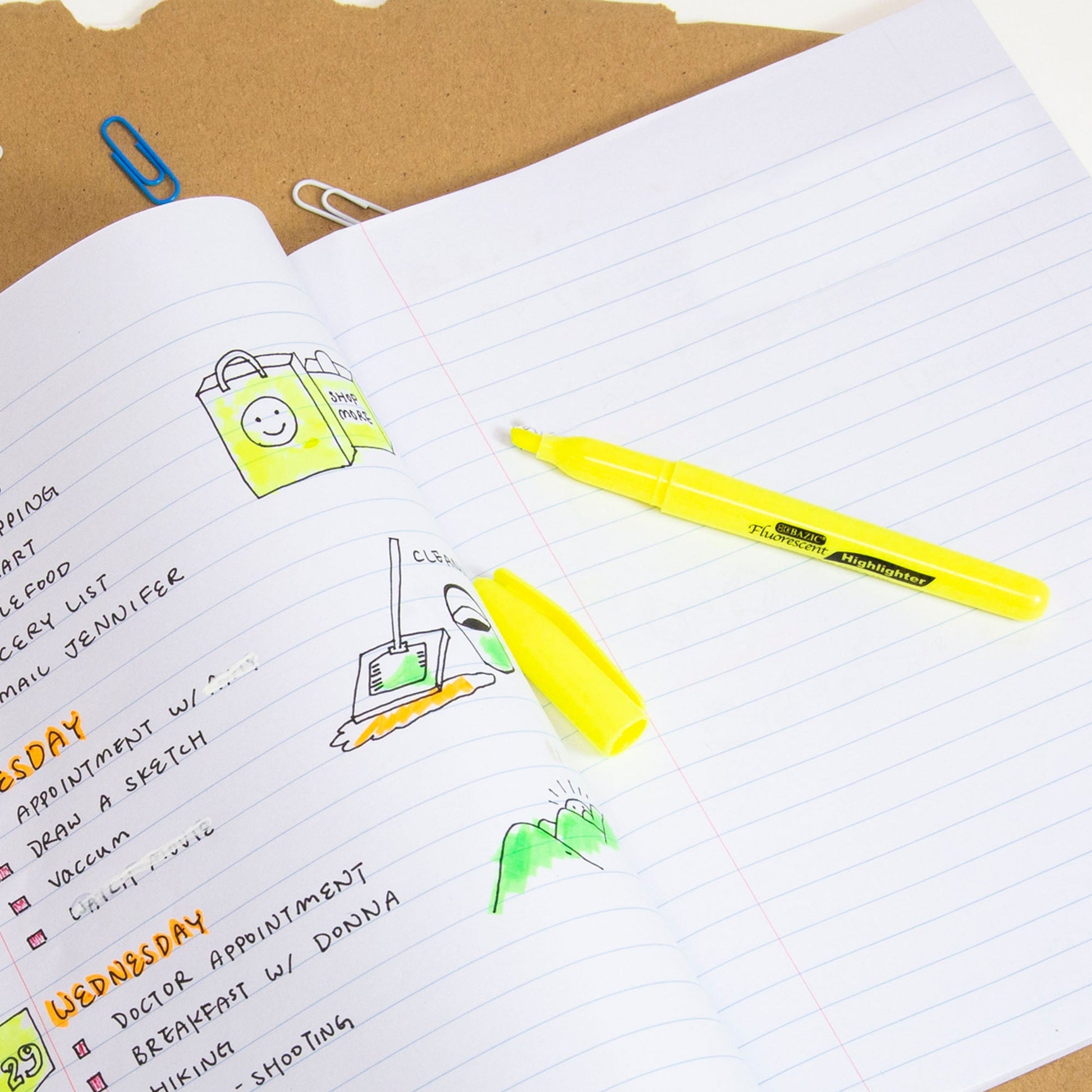 Yellow Pen Style Fluorescent Highlighters w/ Pocket Clip (5/Pack)