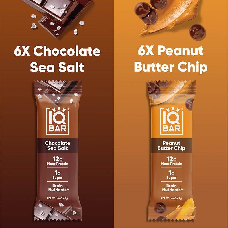 IQBAR Plant Protein Bars Chocolate Sea Salt Peanut and Butter Chip Variety Pack, 12g Protein, 12 ct.