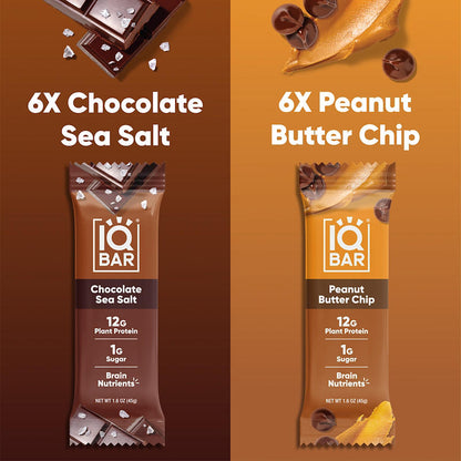 IQBAR Plant Protein Bars Chocolate Sea Salt Peanut and Butter Chip Variety Pack, 12g Protein, 12 ct.