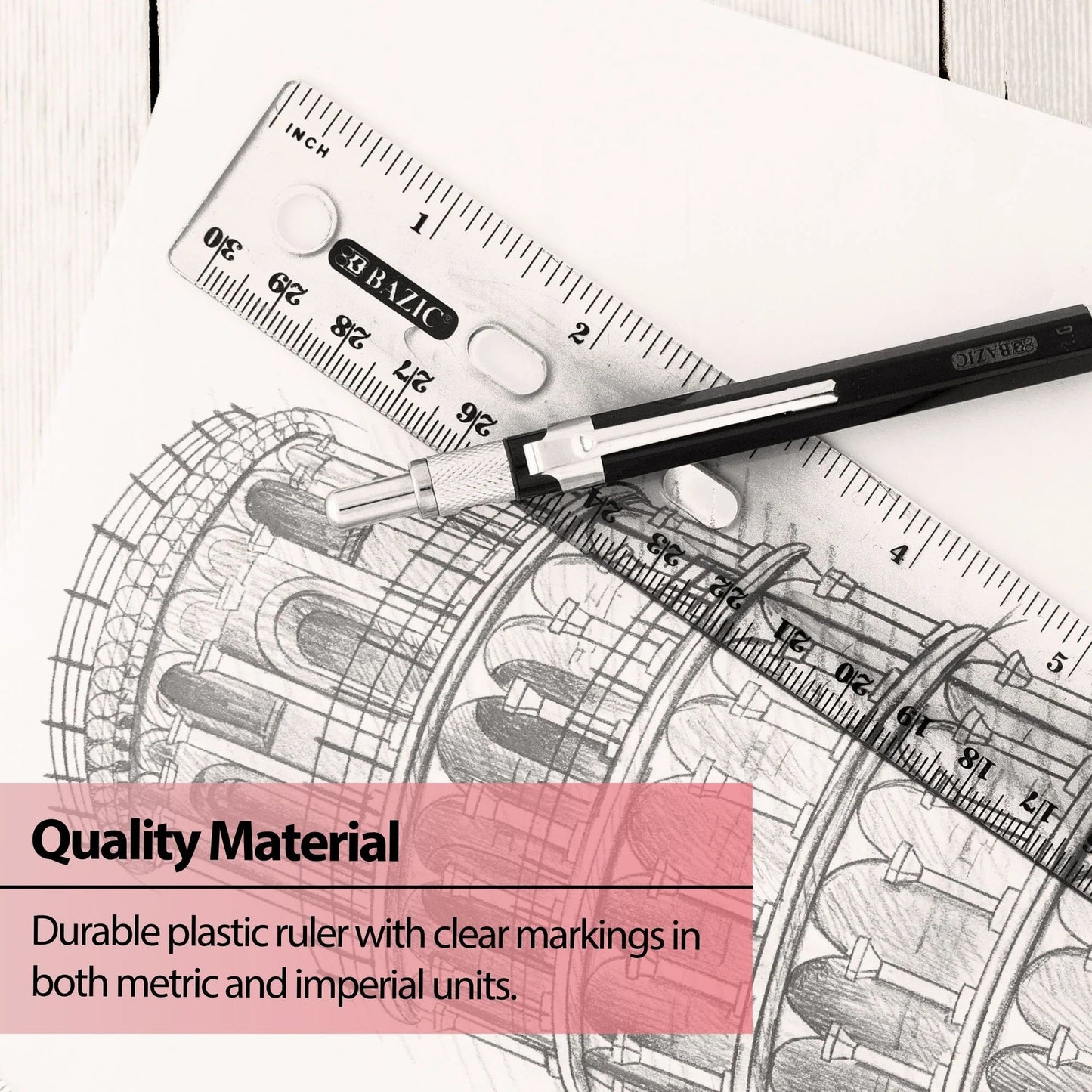 12 in Clear Plastic Ruler, Inch & Metric (30 cm)