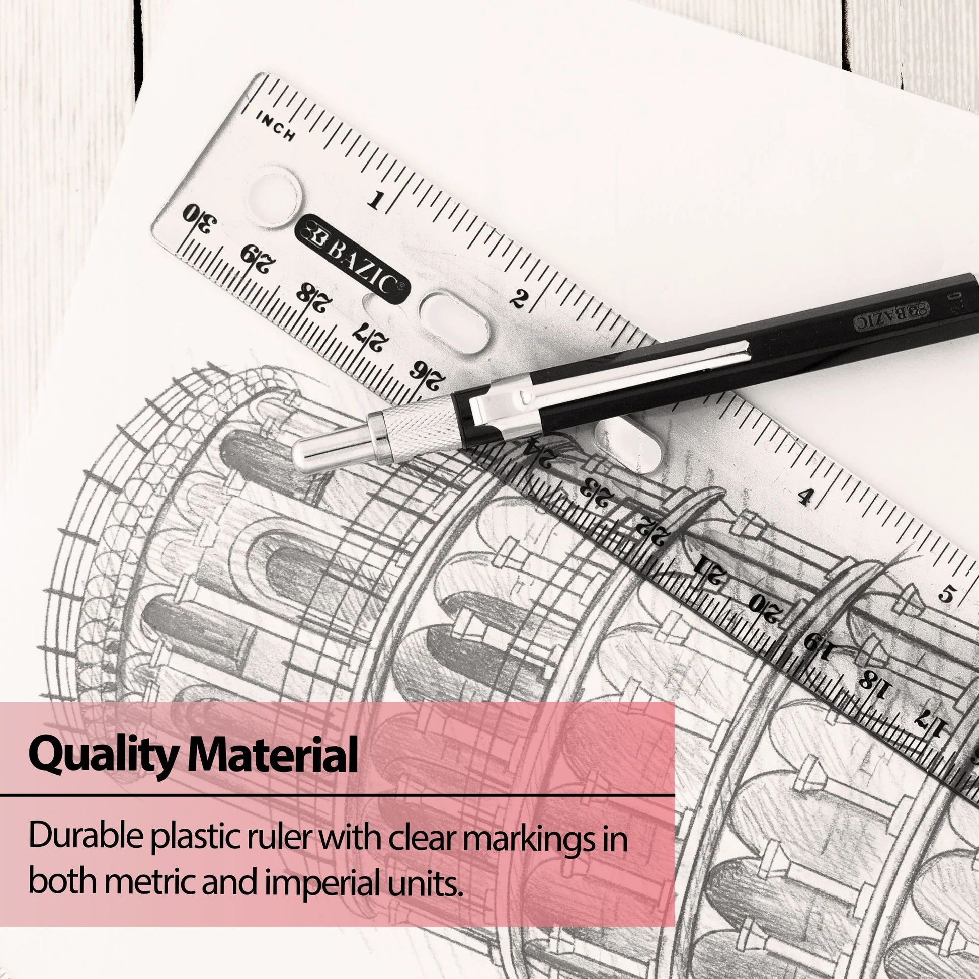12 in Clear Plastic Ruler, Inch & Metric (30 cm)