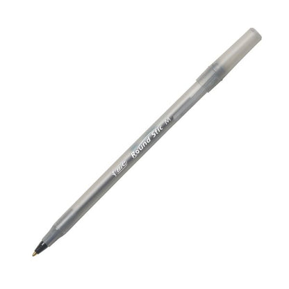BIC Round Stic Ballpoint Pens, Medium Point, 1.0 mm, Translucent Barrel, Black Ink, Pack Of 12
