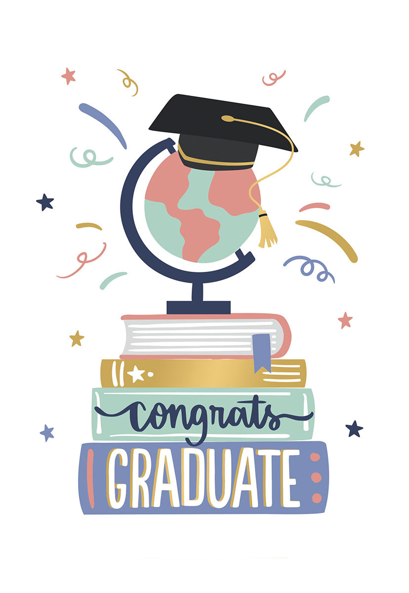 Graduation Cap, Globe & Books Greeting Card | Encouraging Graduation Greeting Card