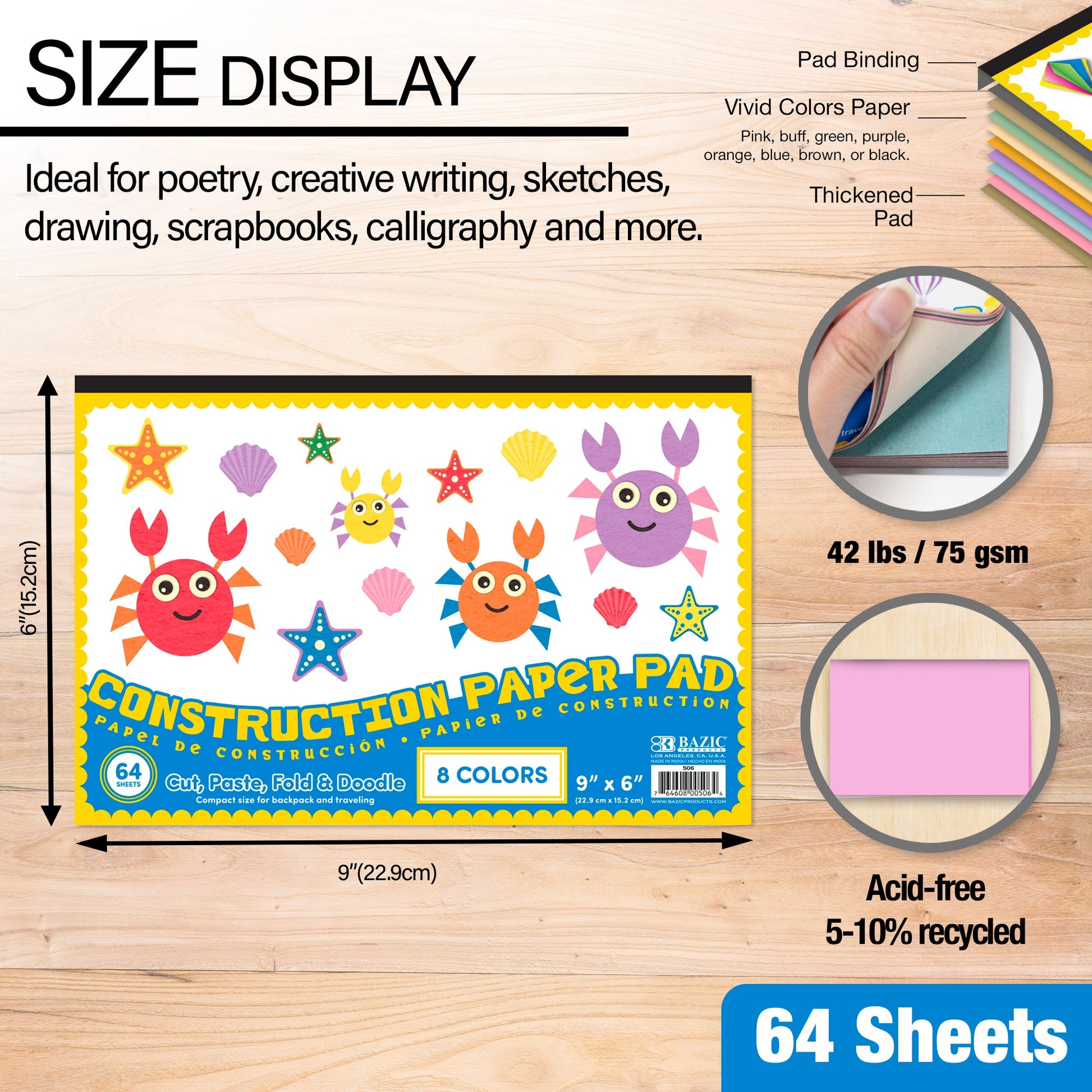 Assorted Color Mini Construction Paper Pad, 6 x 9 in