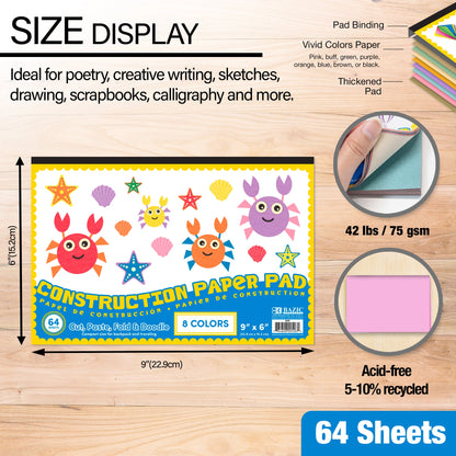 Assorted Color Mini Construction Paper Pad, 6 x 9 in