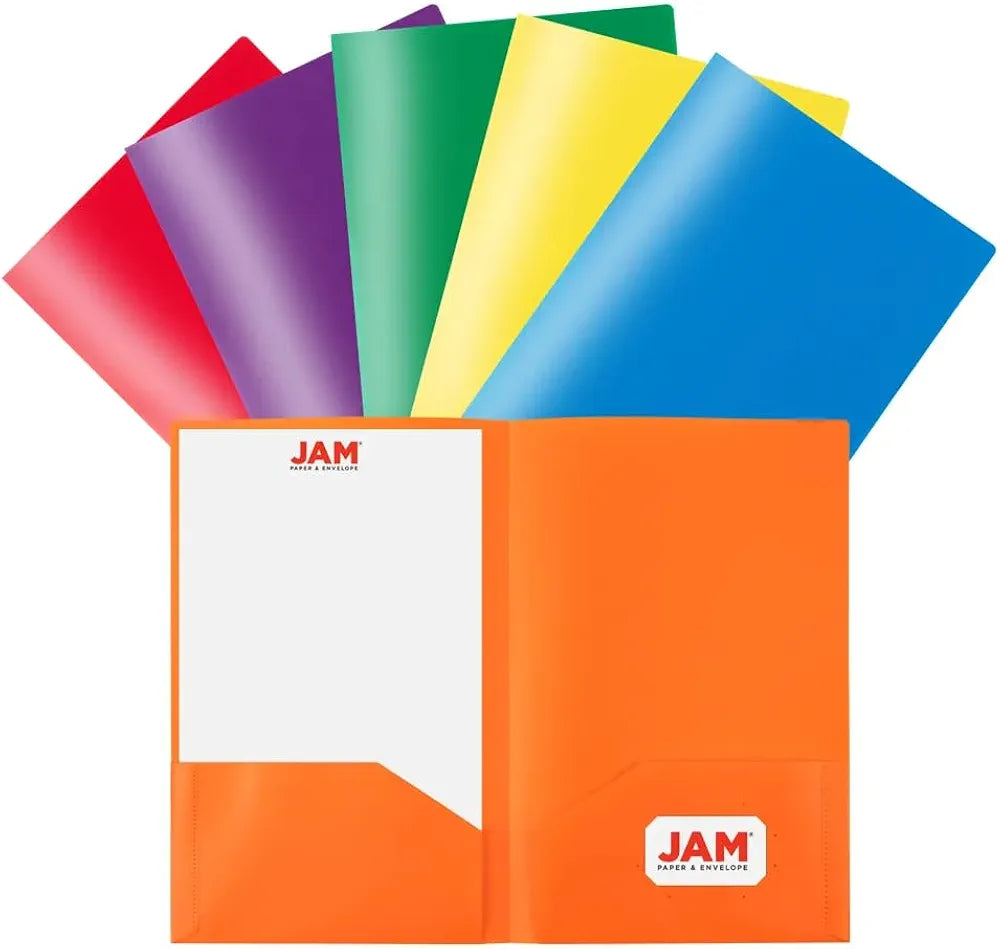 JAM PAPER Legal Plastic 2 Pocket POP Folders - Durable School Folders - Assorted Primary Colors - 6/Pack