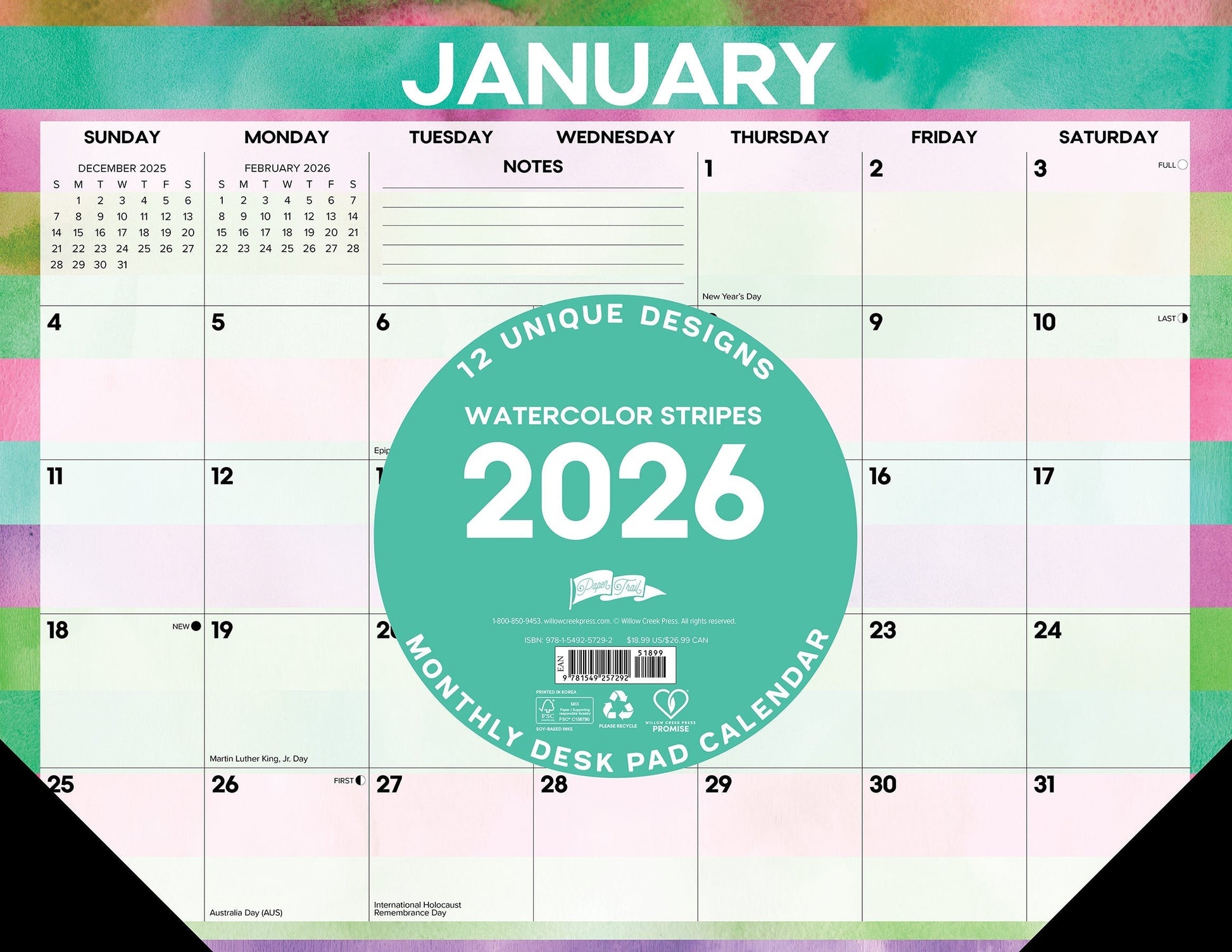Watercolor Stripes 2026 22" x 17" Large Monthly Desk Pad