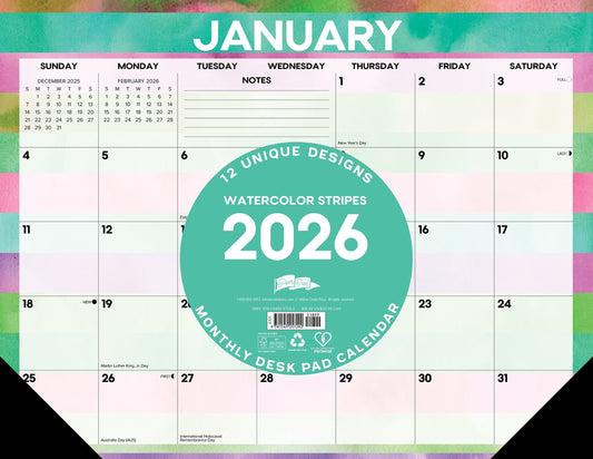 Watercolor Stripes 2026 22" x 17" Large Monthly Desk Pad