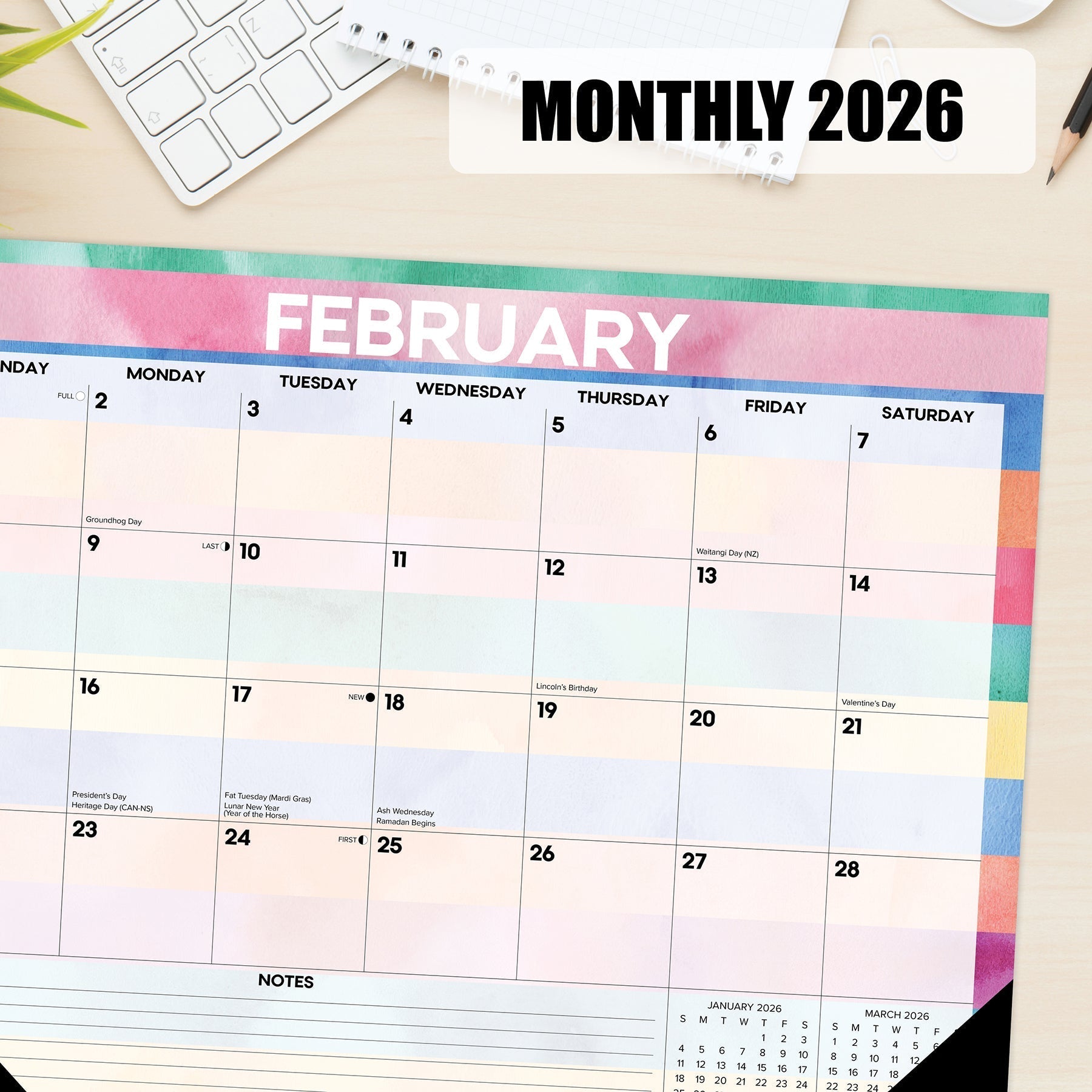 Watercolor Stripes 2026 22" x 17" Large Monthly Desk Pad