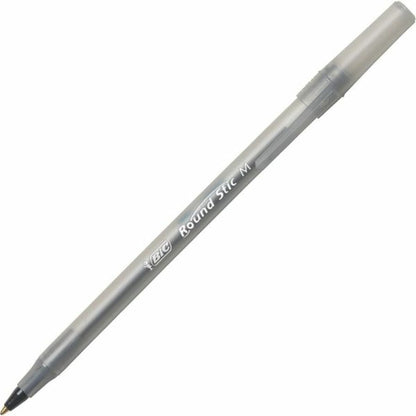 BIC Round Stic Ballpoint Pens, Medium Point, 1.0 mm, Translucent Barrel, Black Ink, Pack Of 12