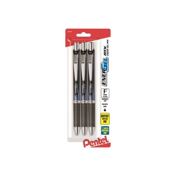 Pentel EnerGel Deluxe RTX Retractable Pens, Needle Point, 0.5 mm, Assorted Barrels, Black Ink, Pack Of 3