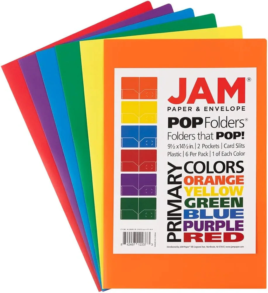 JAM PAPER Legal Plastic 2 Pocket POP Folders - Durable School Folders - Assorted Primary Colors - 6/Pack