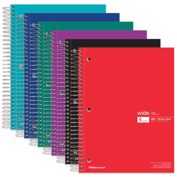 Wirebound Notebooks, 8" x 10-1/2", 5 Subjects, Wide Ruled, 180 Sheets, Assorted Colors, Pack Of 6 Notebooks