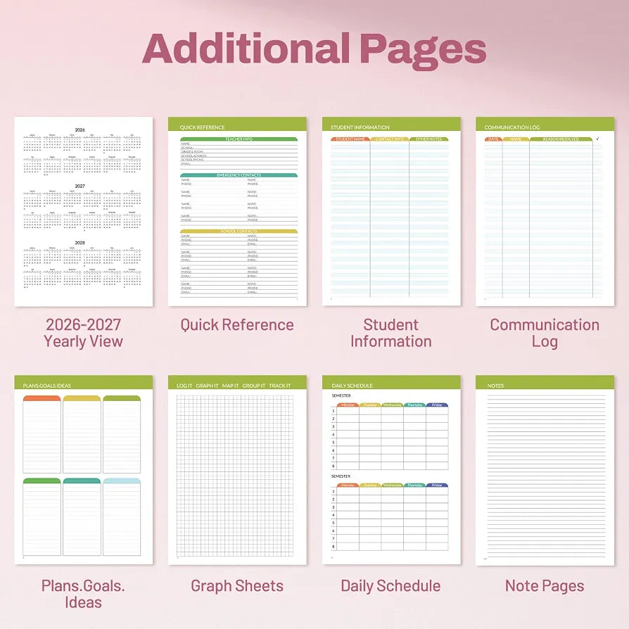 SUNEE Teacher Planner 2026-2027 Academic Year, 7 Periods Lesson Plan Book Jul 2026 - Jun 2027, 8.5"x11"Daily Weekly Monthly Organizers Horizontal Layout with Calendars, Bookmark, Tabs, Pocket, Peony