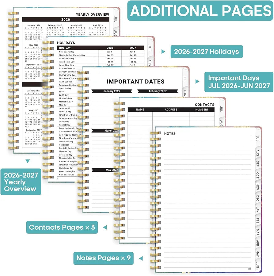 Academic Planner 2026-2027, Weekly and Monthly Calendar Book, July 2026 – June 2027, Hardcover Planner with Tabs, Perfect for Teachers, Students, Women & Men, A5  - Gold