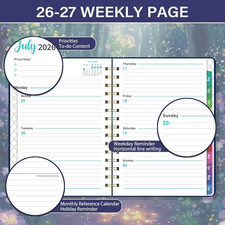 Planner 2026-2027 - Academic Planner 2026-2027 from Jul.2026 - Jun.2027, 8.5'' X 6.4'', Weekly Monthly Planners 12 Month with Colorful Tabs, Back Pocket - Forest Path