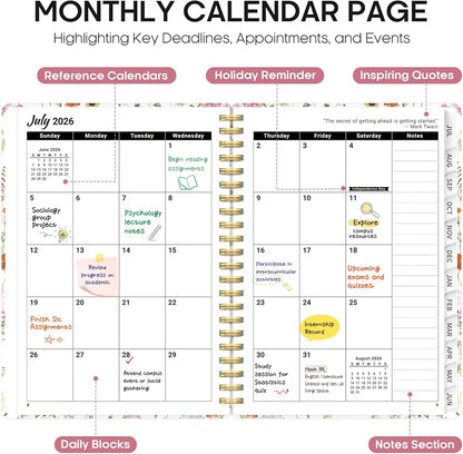 Planner 2026-2027, Academic Year Monthly and Weekly Calendar Planner, Jul 2026 - Jun 2027, Hardcover Teacher Student Planning Agenda book with Tabs, Perfect for School Office Supplies, 6.3" x 8.5" - Wildflowers