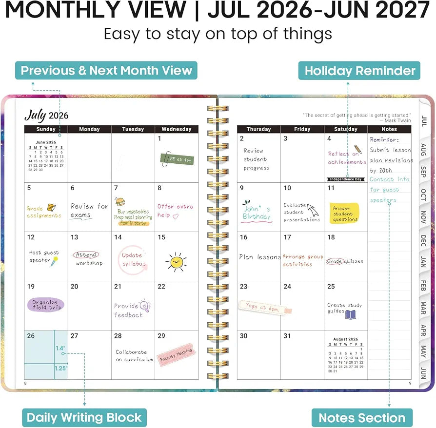 Academic Planner 2026-2027, Weekly and Monthly Calendar Book, July 2026 – June 2027, Hardcover Planner with Tabs, Perfect for Teachers, Students, Women & Men, A5  - Gold