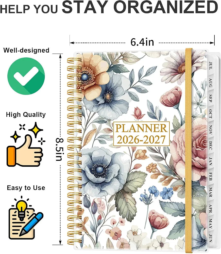 Planner 2026-2027, Academic Planner, Planner Weekly and Monthly, Jul 2026 - Jun 2027, Agenda with Inner Pocket, Elastic Band, 6.4" x 8.5", Colorful Large Flower