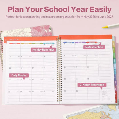 SUNEE Teacher Planner 2026-2027 Academic Year, 7 Periods Lesson Plan Book Jul 2026 - Jun 2027, 8.5"x11"Daily Weekly Monthly Organizers Horizontal Layout with Calendars, Bookmark, Tabs, Pocket, Peony