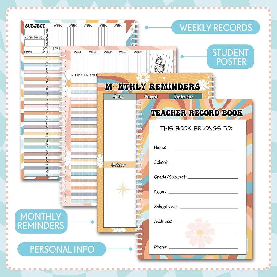 Fuyoooo Teacher Record Book Teacher Grade Books 2026-2027 Spiral Bound Record Planner 2026 Class Grade Book Office Favors for Classroom Attendance Decoration Double Sided