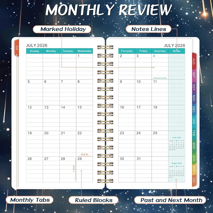 Pocket Calendar 2026-2027 - Pocket Planner 2026-2027, Jul. 2026 - Jun. 2027, 4.1'' × 6.8'', Weekly & Monthly Pocket Planner for Purse, Pocket Planner with 12 Colourful Monthly Tabs, Strong Twin-wire Binding, Galaxy Cover