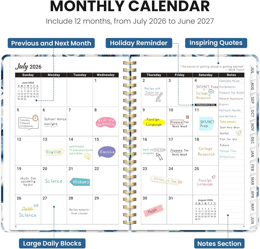 Planner 2026–2027, Academic Planner Weekly and Monthly Calendar Jul 2026 – Jun 2027 Hardcover Planner with Tabs and Pocket, Spiral Bound Agenda Book for Student & Teacher, 6.3" x 8.5", Watercolor Blue Floral