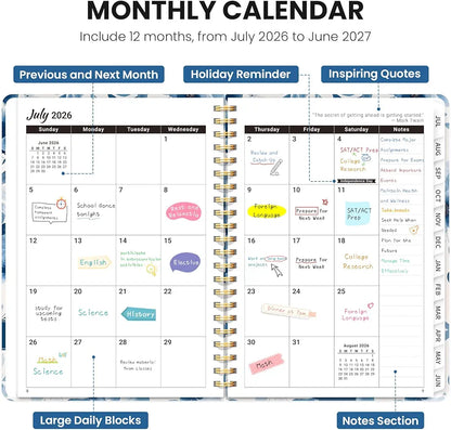 Planner 2026–2027, Academic Planner Weekly and Monthly Calendar Jul 2026 – Jun 2027 Hardcover Planner with Tabs and Pocket, Spiral Bound Agenda Book for Student & Teacher, 6.3" x 8.5", Watercolor Blue Floral