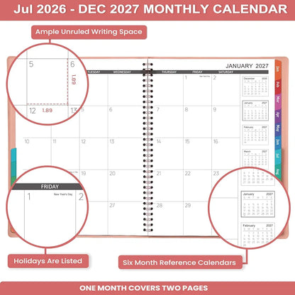 2026-2027 Monthly Planner - 2026-2027 9'' x 11'' Monthly Planner/Calendar from JUL. 2026 - DEC. 2027, 12-Months Calendar Spiral Bound with Soft Leather Cover, 15 Note Pages, Tabs, Inner Pocket