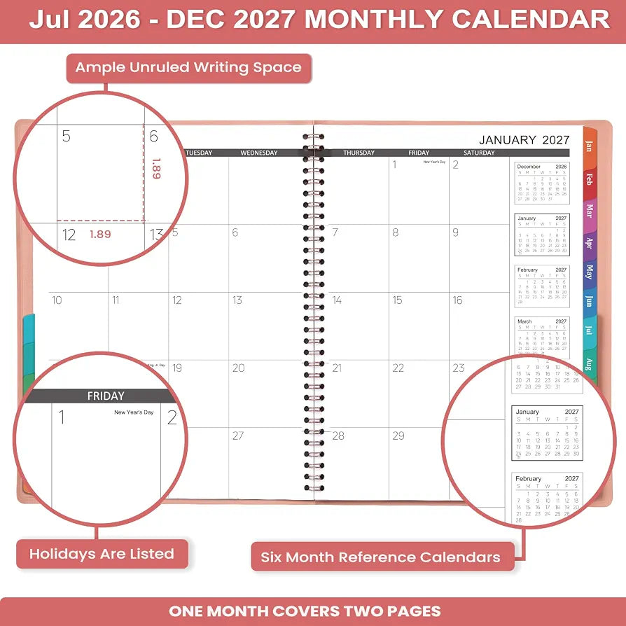 2026-2027 Monthly Planner - 2026-2027 9'' x 11'' Monthly Planner/Calendar from JUL. 2026 - DEC. 2027, 12-Months Calendar Spiral Bound with Soft Leather Cover, 15 Note Pages, Tabs, Inner Pocket
