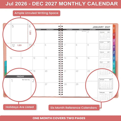 2026-2027 Monthly Planner - 2026-2027 9'' x 11'' Monthly Planner/Calendar from JUL. 2026 - DEC. 2027, 12-Months Calendar Spiral Bound with Soft Leather Cover, 15 Note Pages, Tabs, Inner Pocket