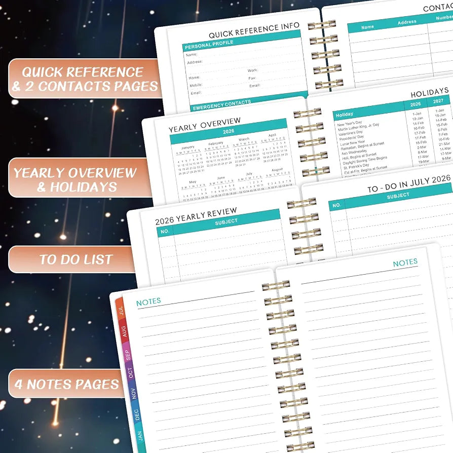 Pocket Calendar 2026-2027 - Pocket Planner 2026-2027, Jul. 2026 - Jun. 2027, 4.1'' × 6.8'', Weekly & Monthly Pocket Planner for Purse, Pocket Planner with 12 Colourful Monthly Tabs, Strong Twin-wire Binding, Galaxy Cover