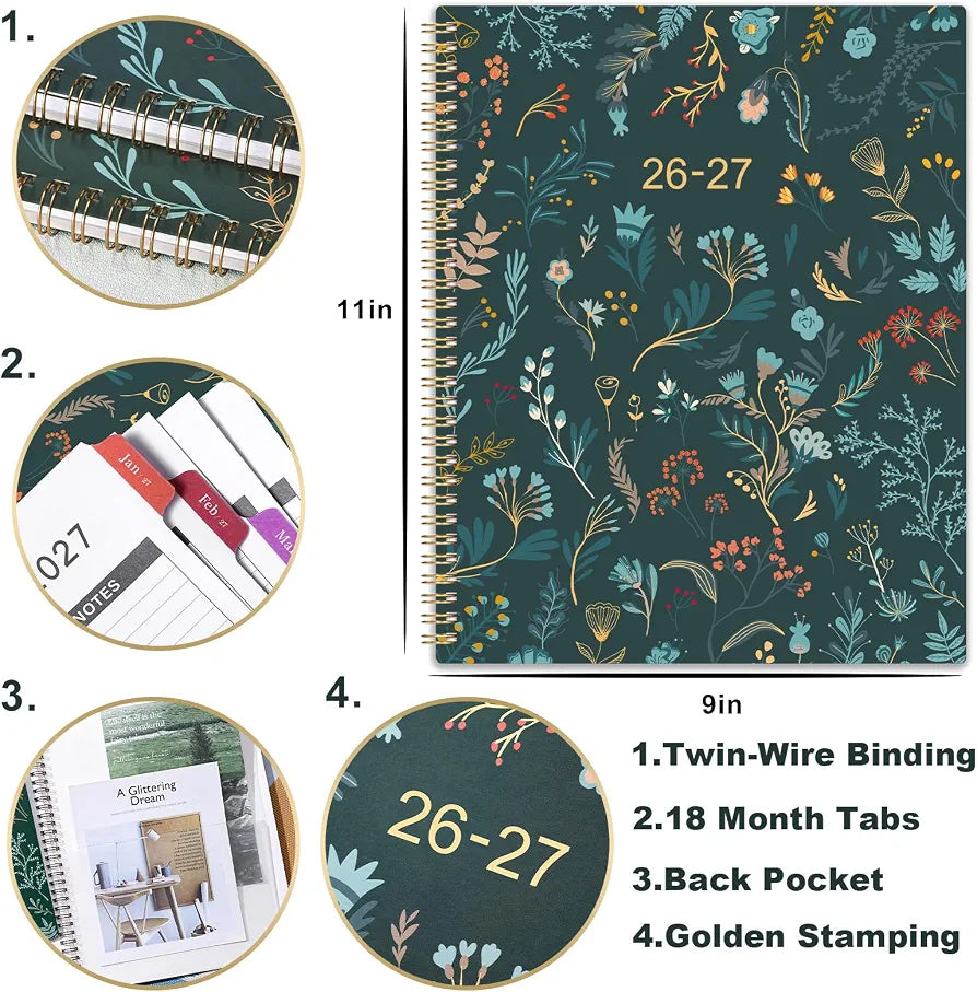 2026-2027 Monthly Planner - Planner 2026-2027, Monthly Calendar 26-27, Jul. 2026 - Dec. 2027, 9" x 11", 18 Month with Colourful Tabs & Pocket, Flexible Cover, Twin-Wire Binding, Thick Paper - Green