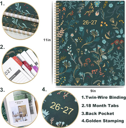 2026-2027 Monthly Planner - Planner 2026-2027, Monthly Calendar 26-27, Jul. 2026 - Dec. 2027, 9" x 11", 18 Month with Colourful Tabs & Pocket, Flexible Cover, Twin-Wire Binding, Thick Paper - Green