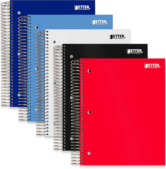 Better Office Products 5-Subject Spiral Notebook, Poly Cover, College Rule, 200 Sheet with 4 Two-Sided Pocket Dividers, 11 x 8.5 inches