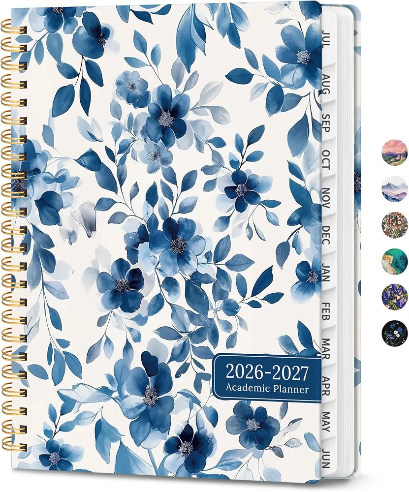 Planner 2026–2027, Academic Planner Weekly and Monthly Calendar Jul 2026 – Jun 2027 Hardcover Planner with Tabs and Pocket, Spiral Bound Agenda Book for Student & Teacher, 6.3" x 8.5", Watercolor Blue Floral