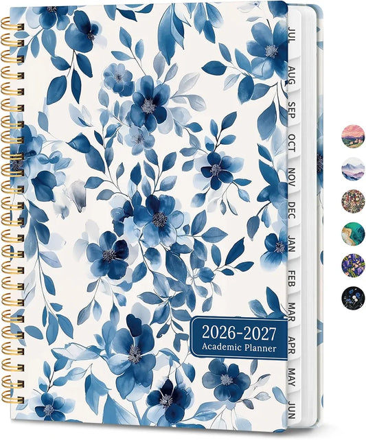 Planner 2026–2027, Academic Planner Weekly and Monthly Calendar Jul 2026 – Jun 2027 Hardcover Planner with Tabs and Pocket, Spiral Bound Agenda Book for Student & Teacher, 6.3" x 8.5", Watercolor Blue Floral