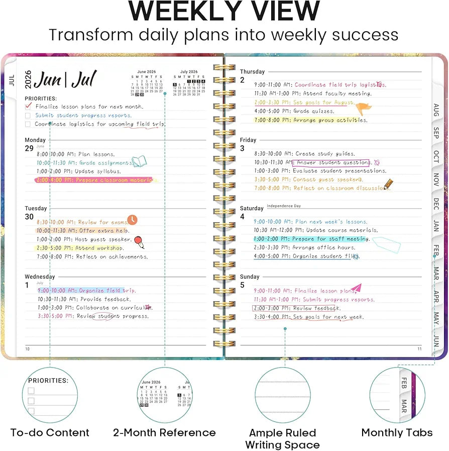 Academic Planner 2026-2027, Weekly and Monthly Calendar Book, July 2026 – June 2027, Hardcover Planner with Tabs, Perfect for Teachers, Students, Women & Men, A5  - Gold