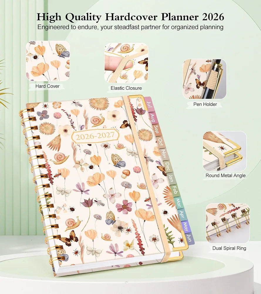 Academic Planner 2026-2027, Hardcover Weekly and Monthly Calendar Planner from July 2026 - June 2027, Daily Agenda Planners with Tabs, College School Organizer for Student Teacher, A5 , Insect Garden