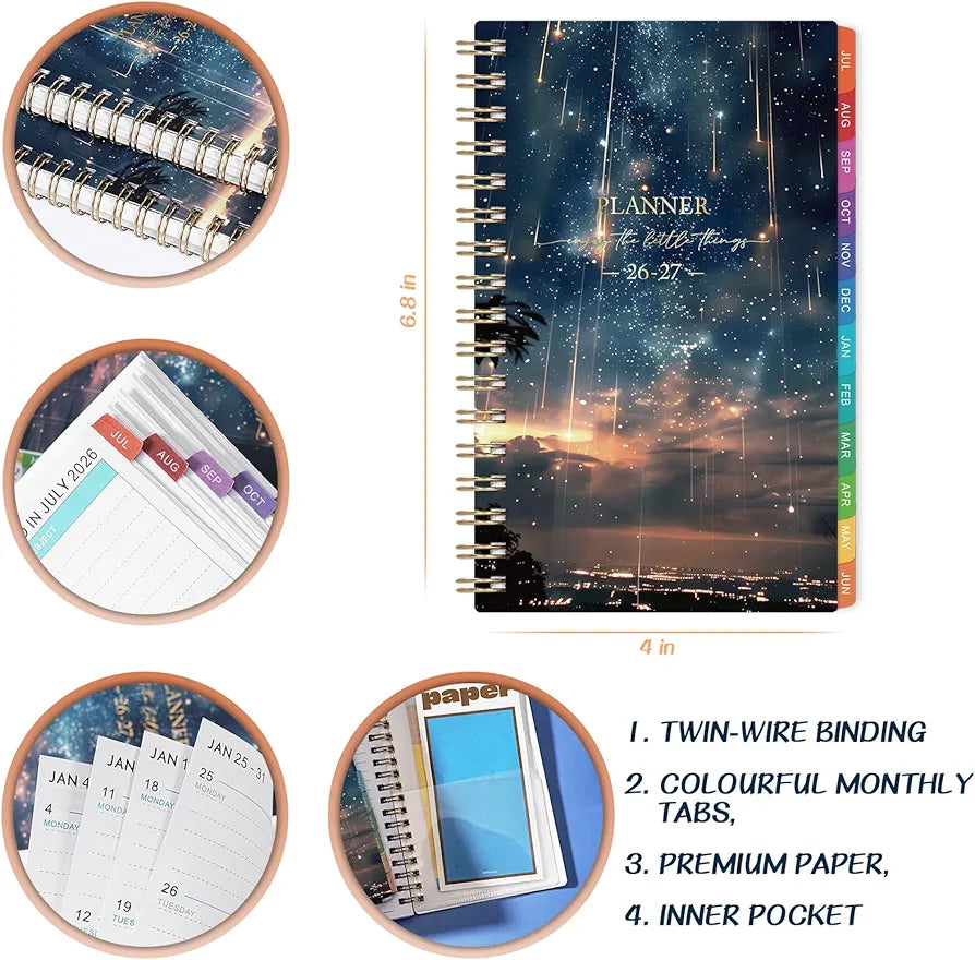 Pocket Calendar 2026-2027 - Pocket Planner 2026-2027, Jul. 2026 - Jun. 2027, 4.1'' × 6.8'', Weekly & Monthly Pocket Planner for Purse, Pocket Planner with 12 Colourful Monthly Tabs, Strong Twin-wire Binding, Galaxy Cover